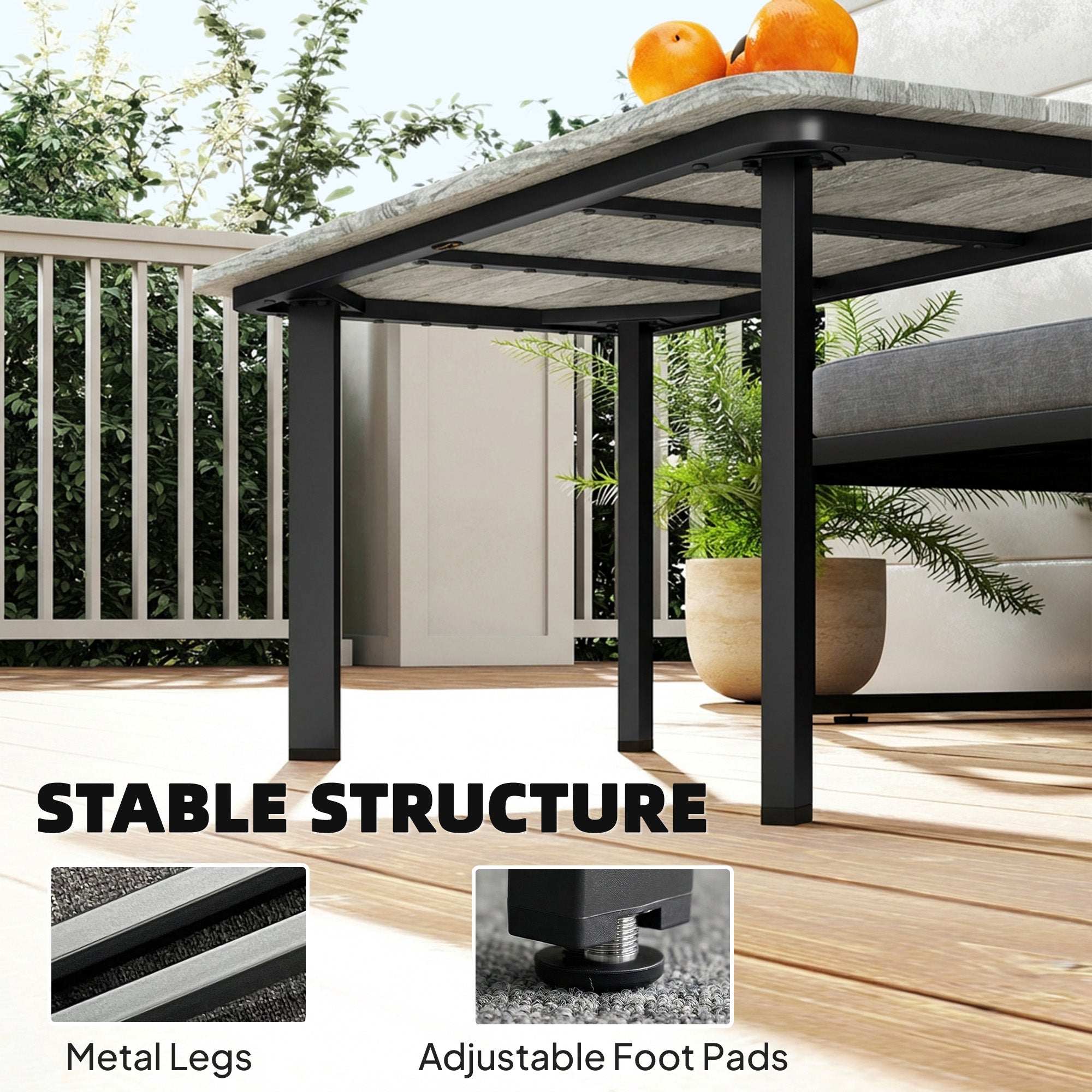 Outdoor Garden Coffee Table, Garden Table with Slatted Wood Plastic Composite Top and Metal Frame, Grey