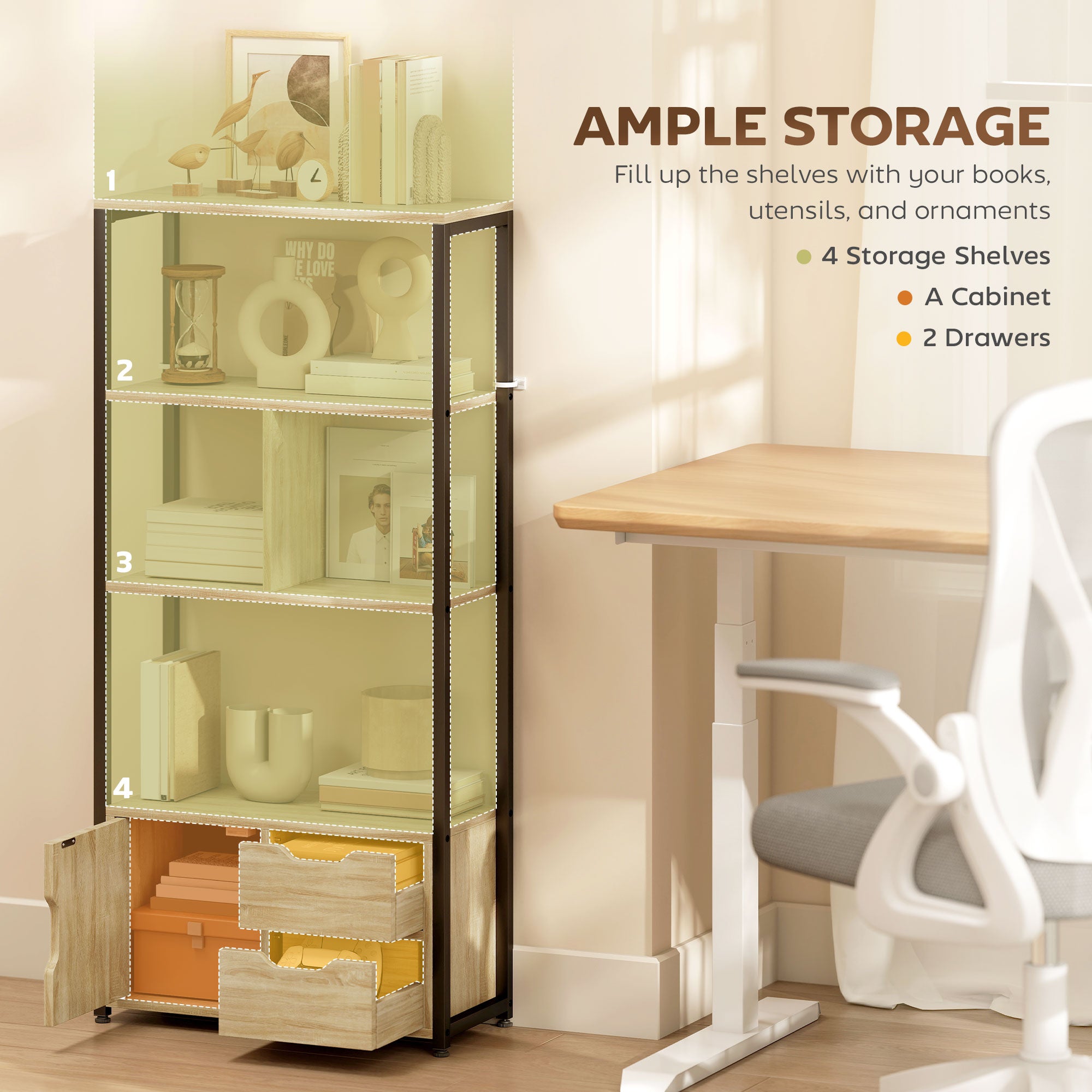 4-Tier Bookcase, Bookshelf with 1 Cabinet and 2 Drawers for Living Room, Bedroom, Study, Natural Wood