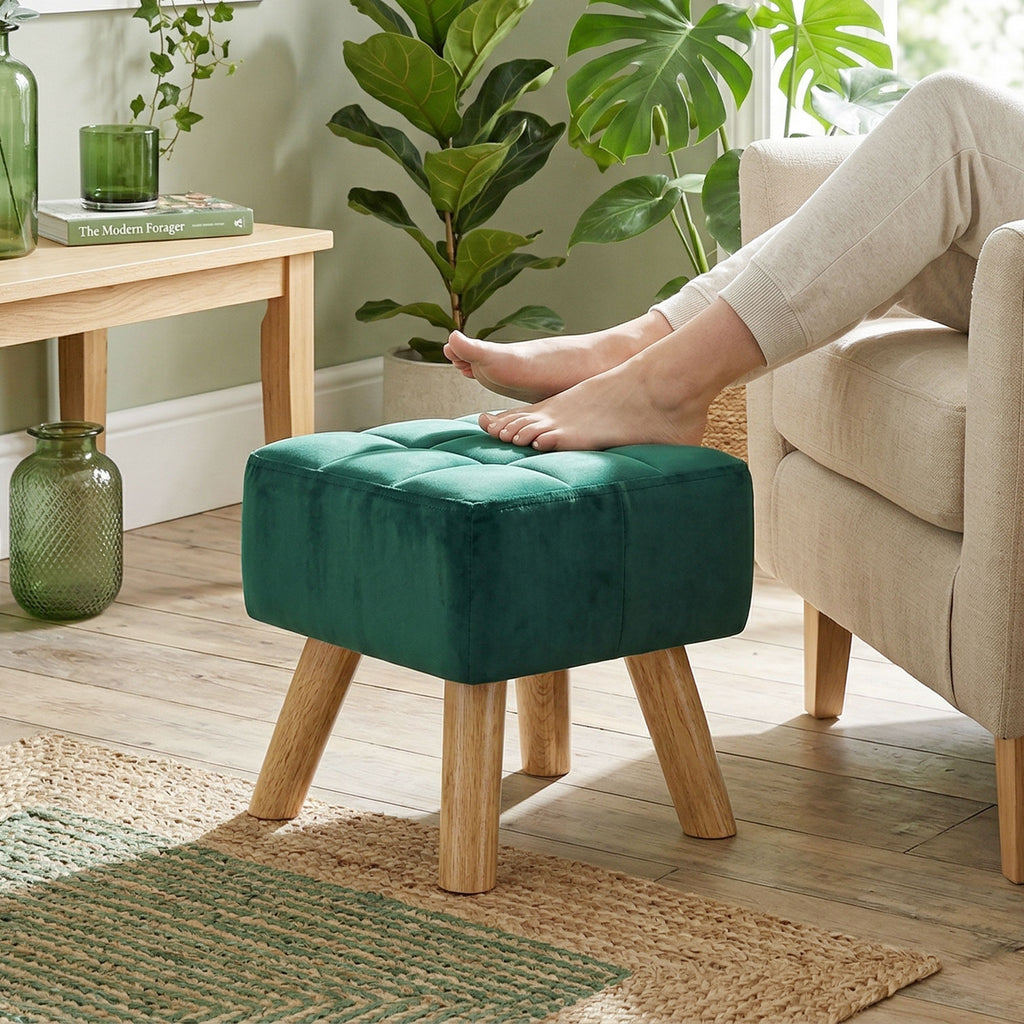 Velvet Square Padded Footstool - Dark Green