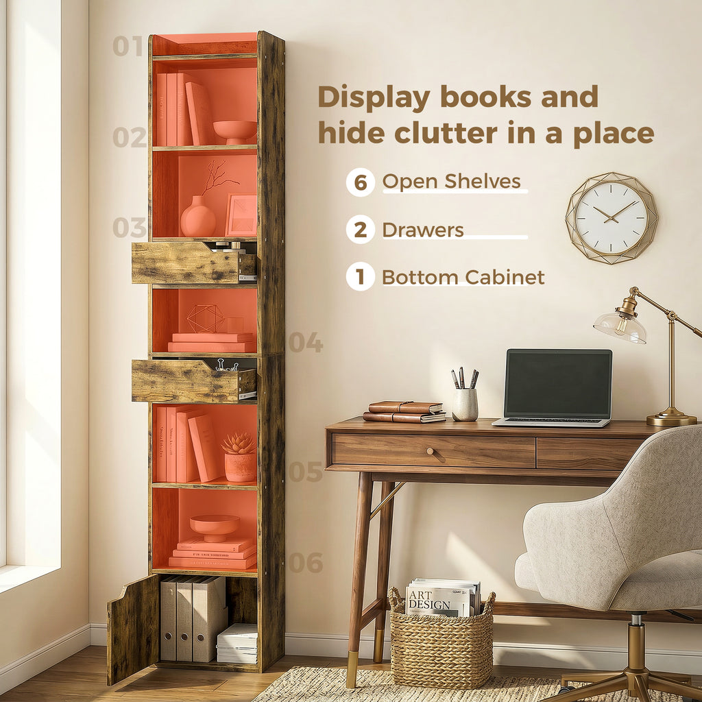 Bookcase Tall Narrow with 5 Tiers and Drawers Freestanding Bookshelf Storage Cabinet for Living Room Rustic Brown