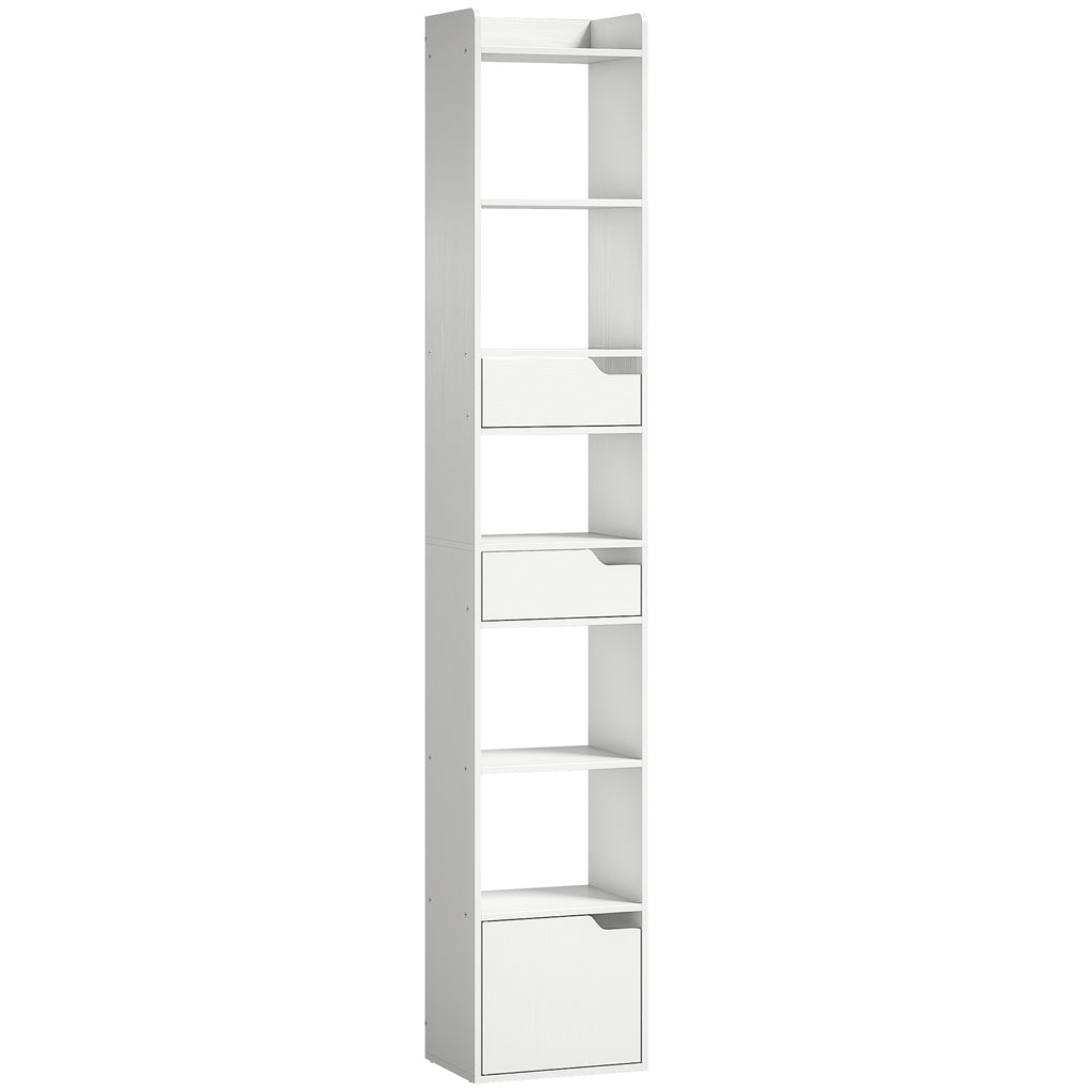 Bookcase Tall Narrow with 5 Tiers and Drawers Freestanding Bookshelf Storage Cabinet for Living Room White Wood Effect