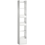 Bookcase Tall Narrow with 5 Tiers and Drawers Freestanding Bookshelf Storage Cabinet for Living Room White Wood Effect