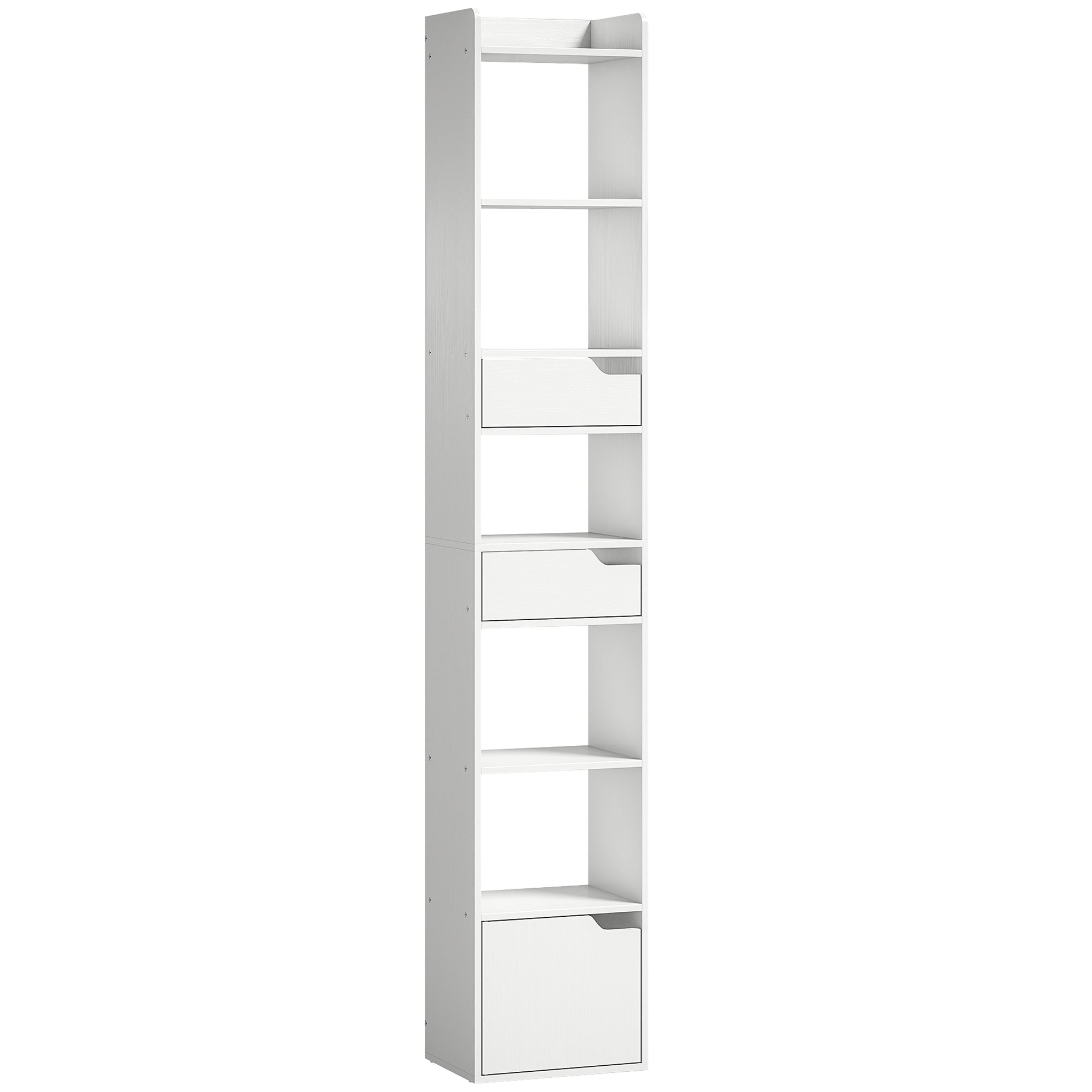 Bookcase Tall Narrow with 5 Tiers and Drawers Freestanding Bookshelf Storage Cabinet for Living Room White Wood Effect