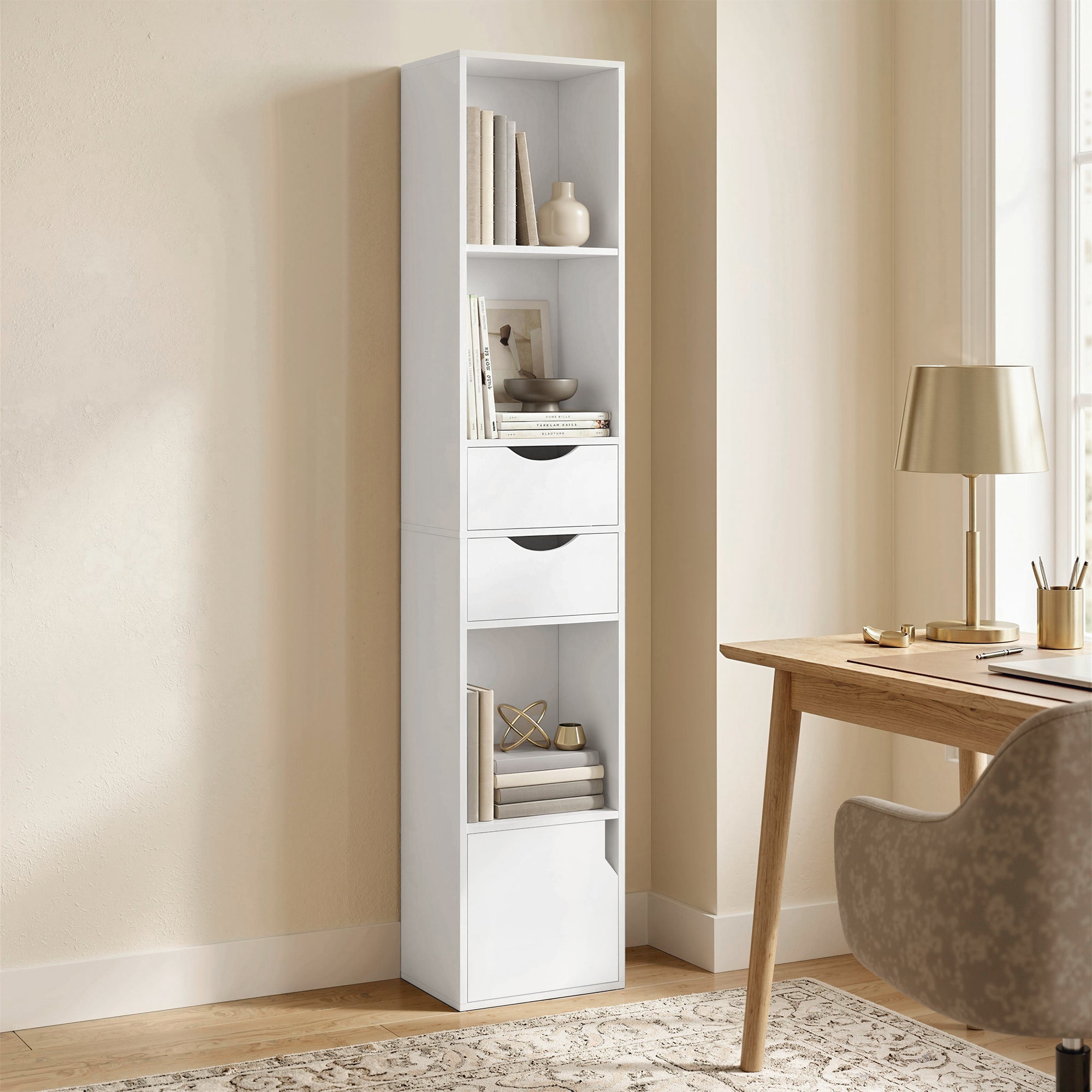 Bookcase with Drawers Adjustable Shelf Bookshelf with 2 Drawers and Cabinet 158 cm White