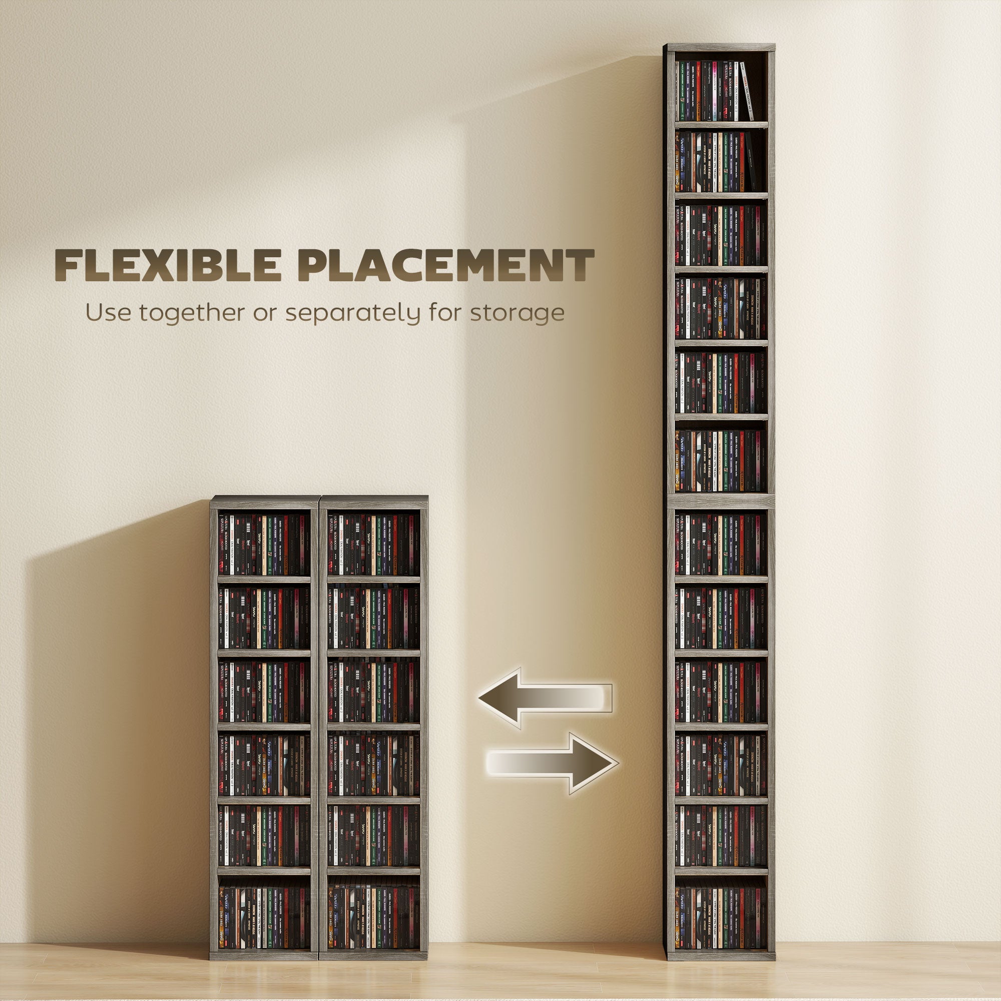 Set of 2 CD Media Display Shelf Unit Tower Rack with Adjustable Shelves, Distressed Grey