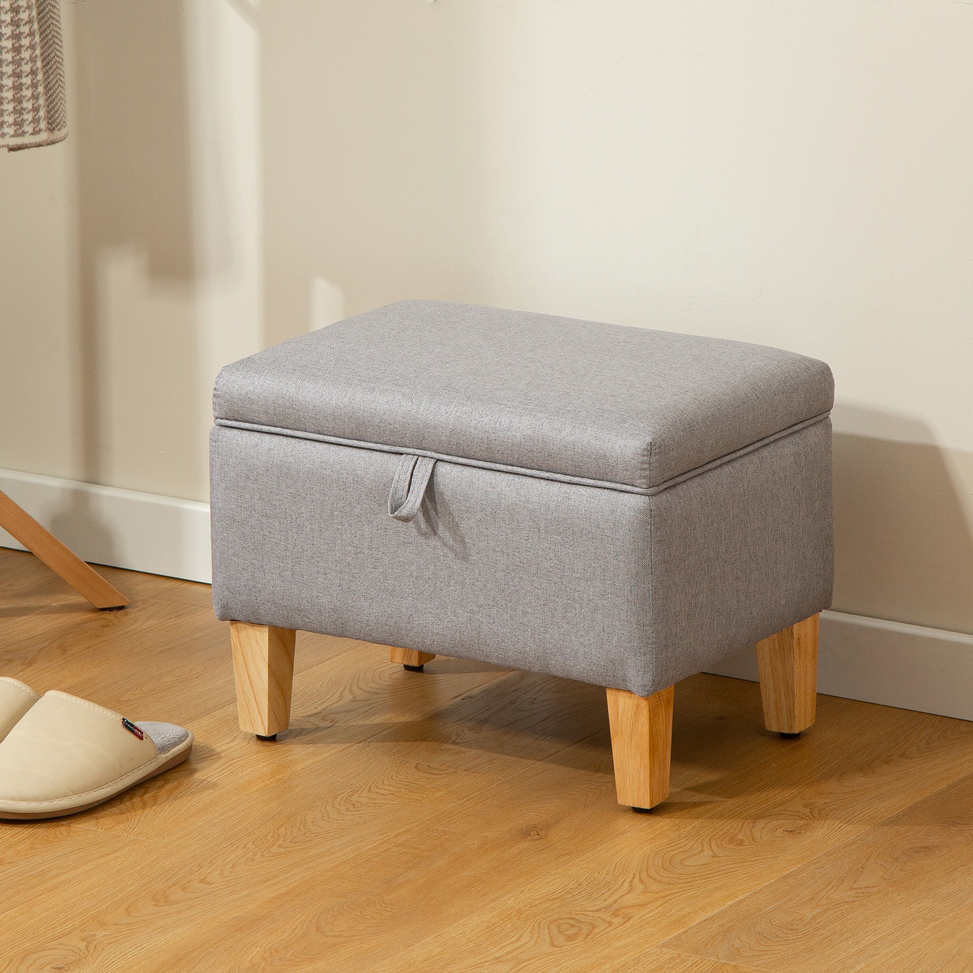 16L Linen Storage Ottoman Padded Footstool with Rubberwood Legs for Storage Box, Bed End, Shoe Bench, Seating, Light Grey