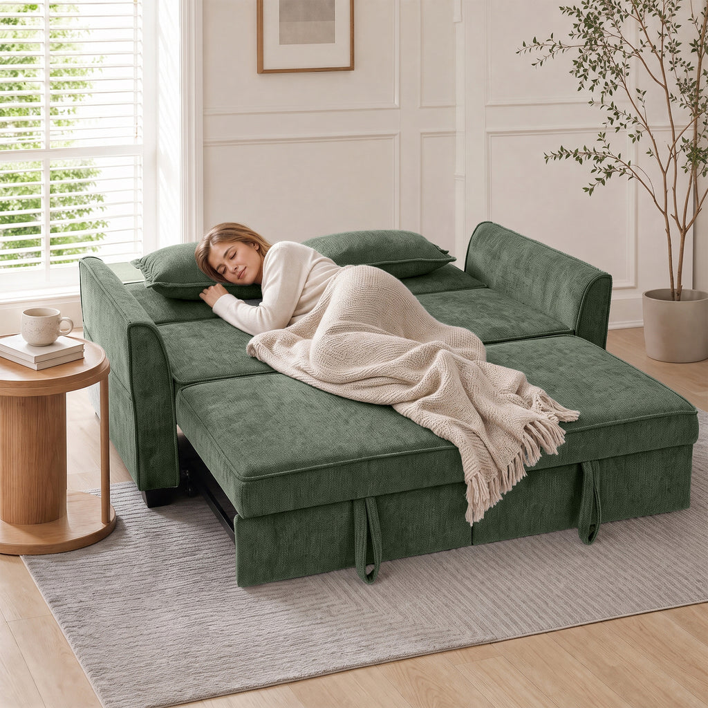 2 Seater Sofa Bed, 4-in-1 L-Shaped Convertible Pull-Out Sleeper Sofa with Adjustable Backrest Side Pockets, Dark Green