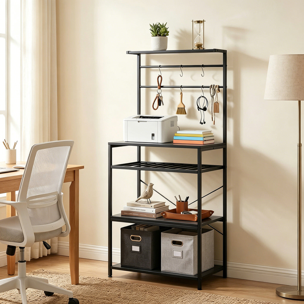 Freestanding Shelving Unit, Industrial Storage Shelf with 6 Hooks and Wine Rack for Living Room, Home Office, Black