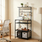 Freestanding Shelving Unit, Industrial Storage Shelf with 6 Hooks and Wine Rack for Living Room, Home Office, Black