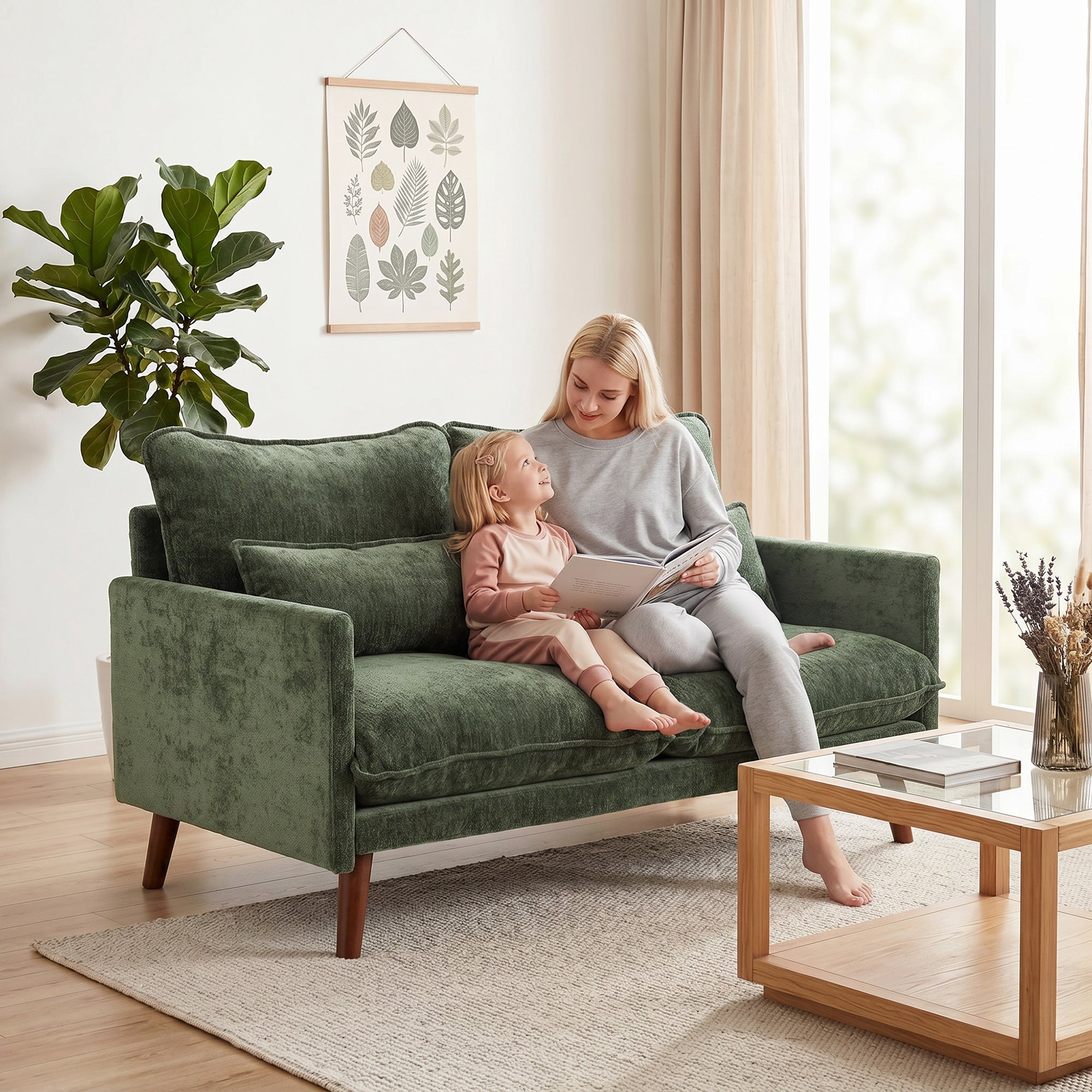 2 Seater Sofa, Loveseat Sofa with Spring Cushions, Wide and Deep Seat, Wood Legs, Green