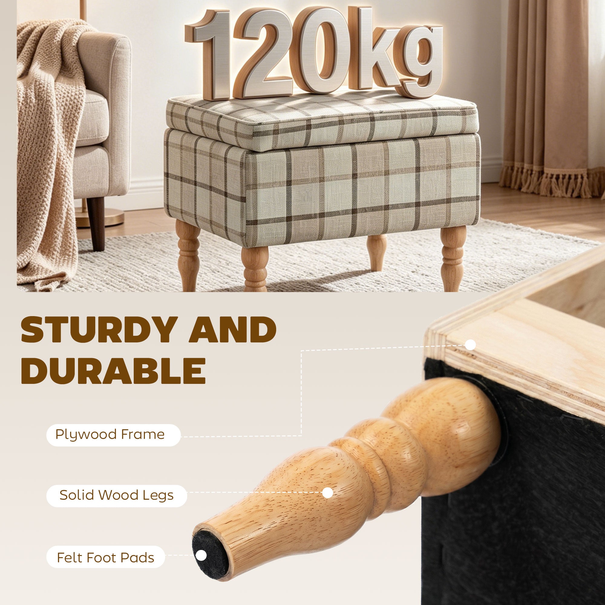 Linen Fabric Upholstered Footstool, Rectangular Storage Stool with Removable Top, Padded Seat and Hidden Space, Brown