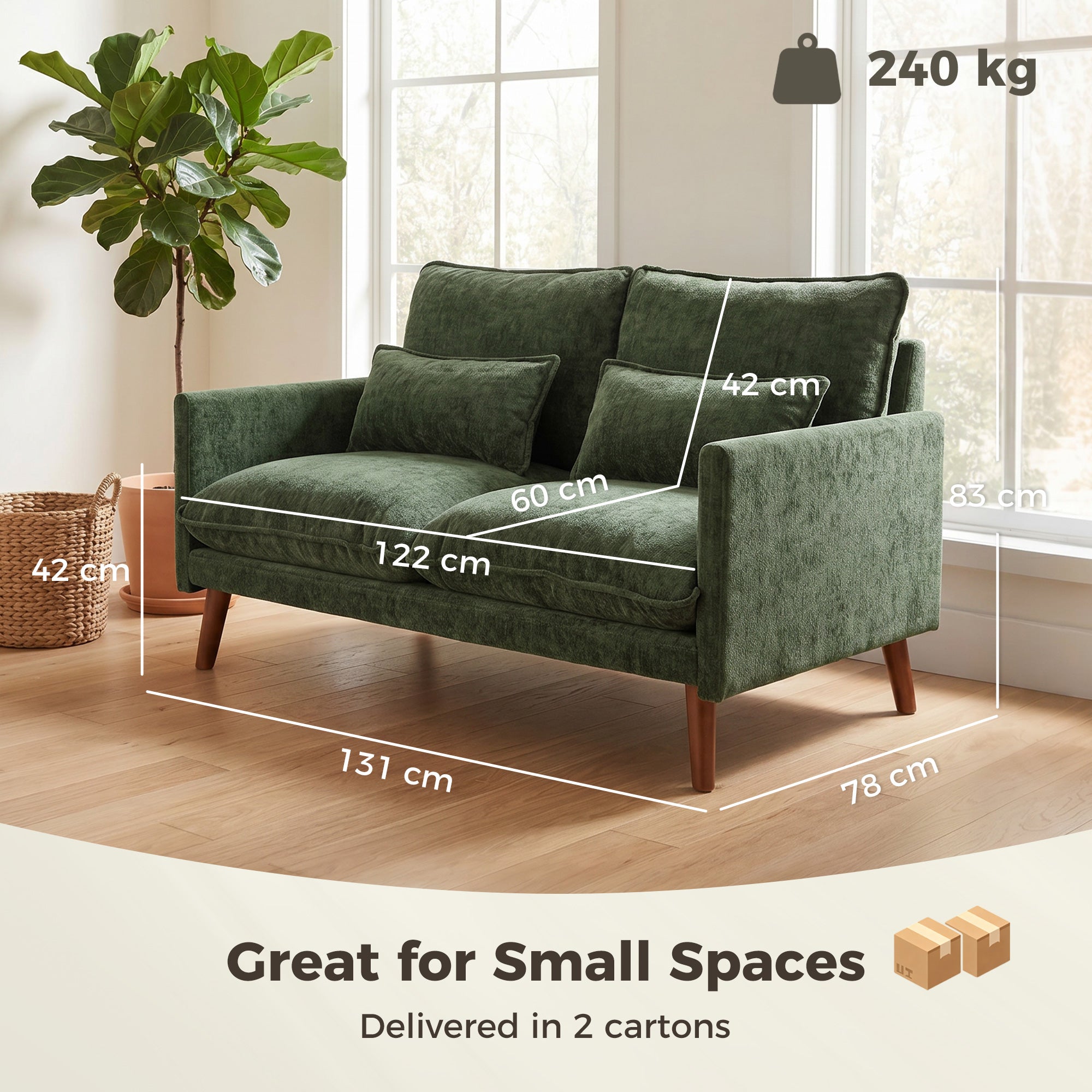 2 Seater Sofa, Loveseat Sofa with Spring Cushions, Wide and Deep Seat, Wood Legs, Green