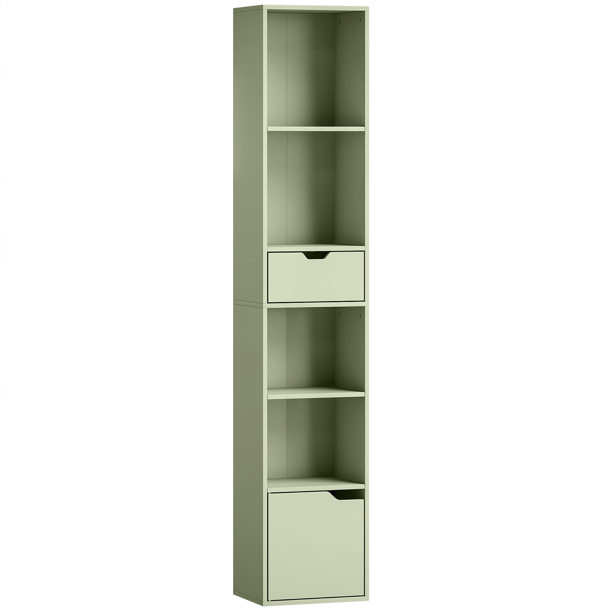6-Tier Bookcase, Tall Narrow Bookshelf with Drawer and Door - Green