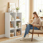 Industrial Style Storage Shelf, Bookcase, Bookshelf with 6 Compartments, for Living Room, Home Study, White Wood Effect