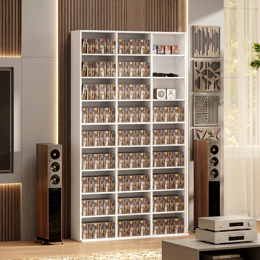 835 CD/500 DVD Storage Unit, Blu-ray Media Storage Shelf with 27 Compartments and 21 Adjustable Shelves, White
