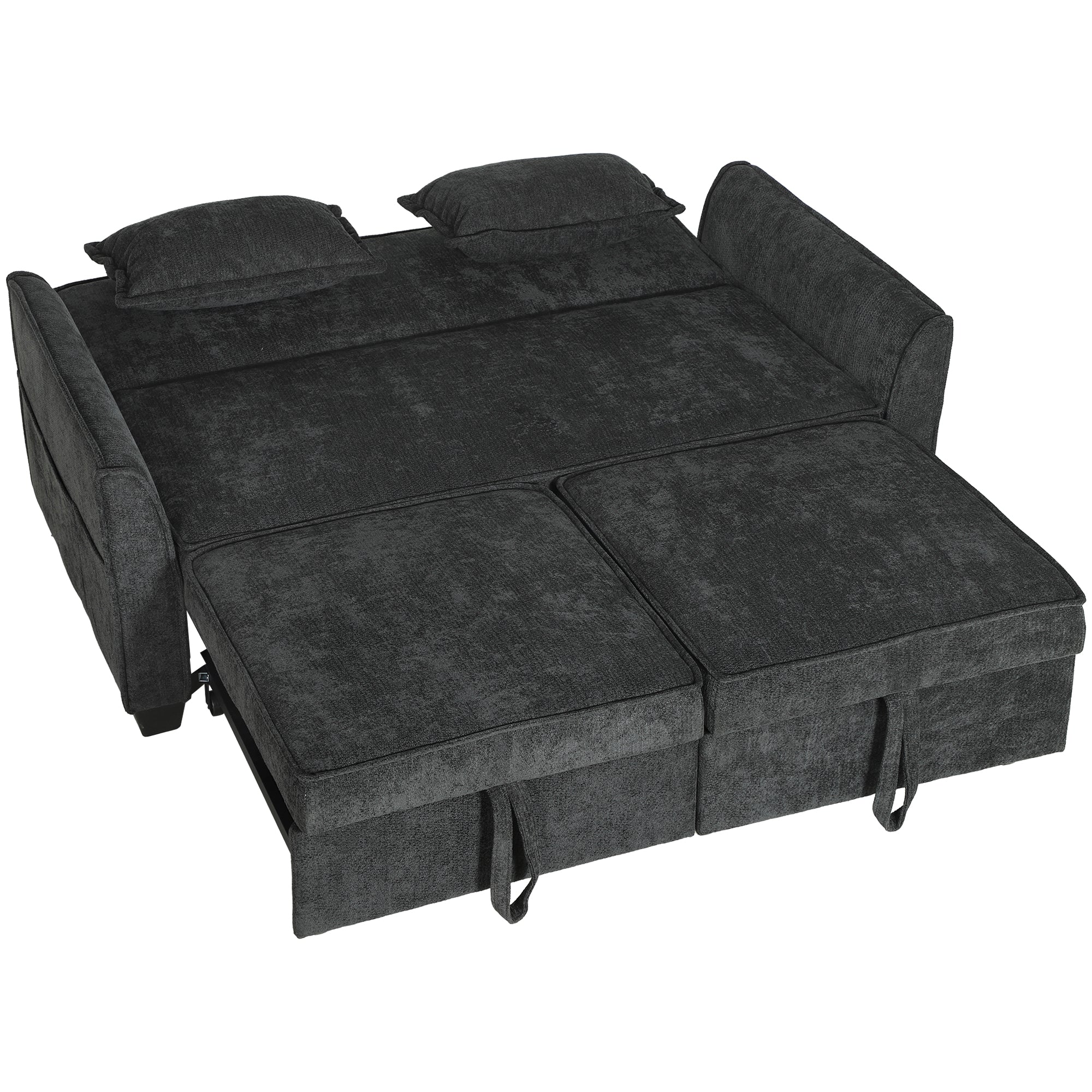 2 Seater Sofa Bed, 4-in-1 L-Shaped Convertible Pull-Out Sleeper Sofa with Adjustable Backrest and Side Pockets, Black