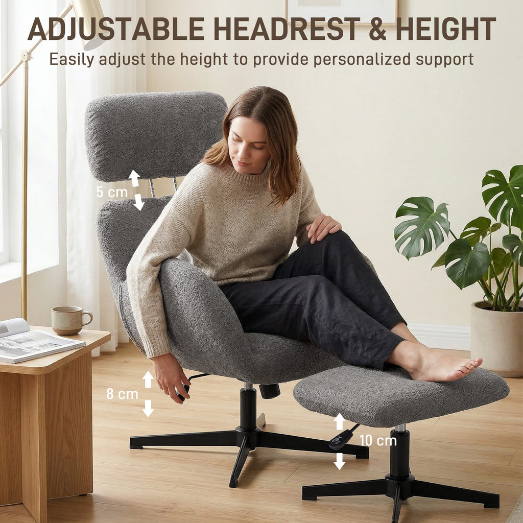 Swivel Armchair and Footstool Set, Height Adjustable Accent Chair with Adjustable Headrest, Rocking Function, Grey
