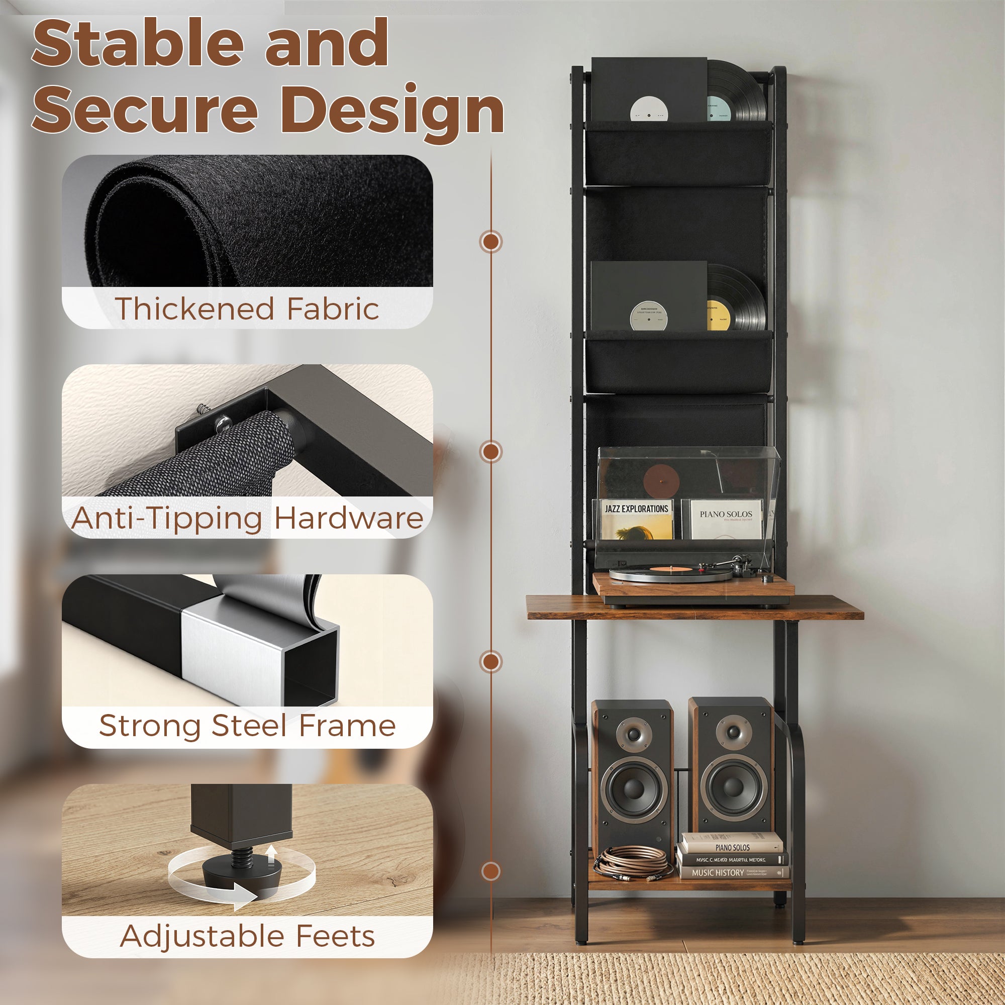 Vinyl Record Player Stand Record Storage with Player Stand Oxford Fabric Pockets Bottom Shelf Rustic Brown and Black