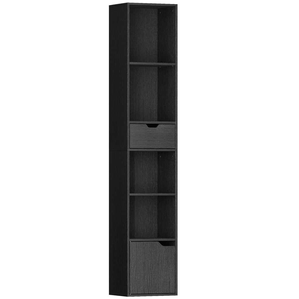 6-Tier Bookcase, Tall Narrow Bookshelf with Drawer and Door - Black