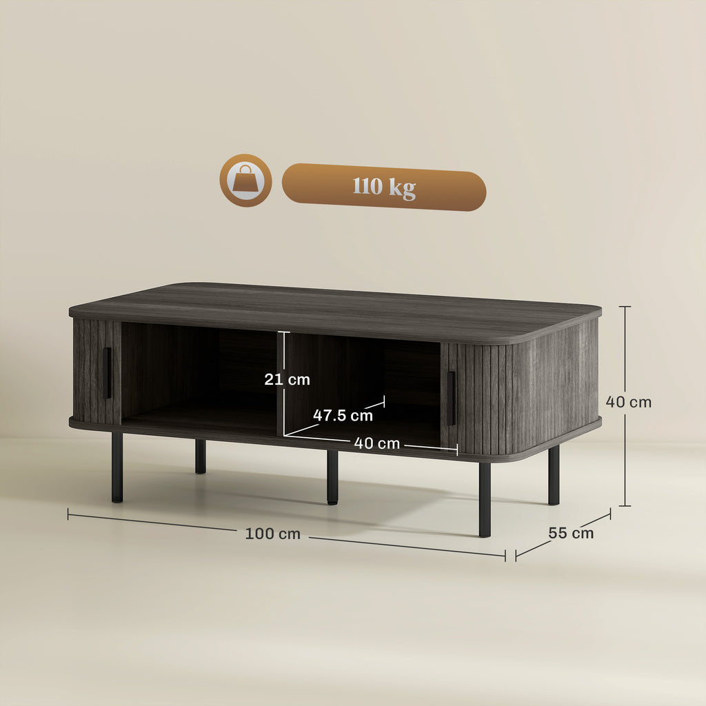 Coffee Table with Storage, Living Room Table with Slatted Tambour Sliding Doors and Adjustable Foot Pads, Rectangular Coffee Table with Elevated Base for Living Room, Grey Wood-Effect