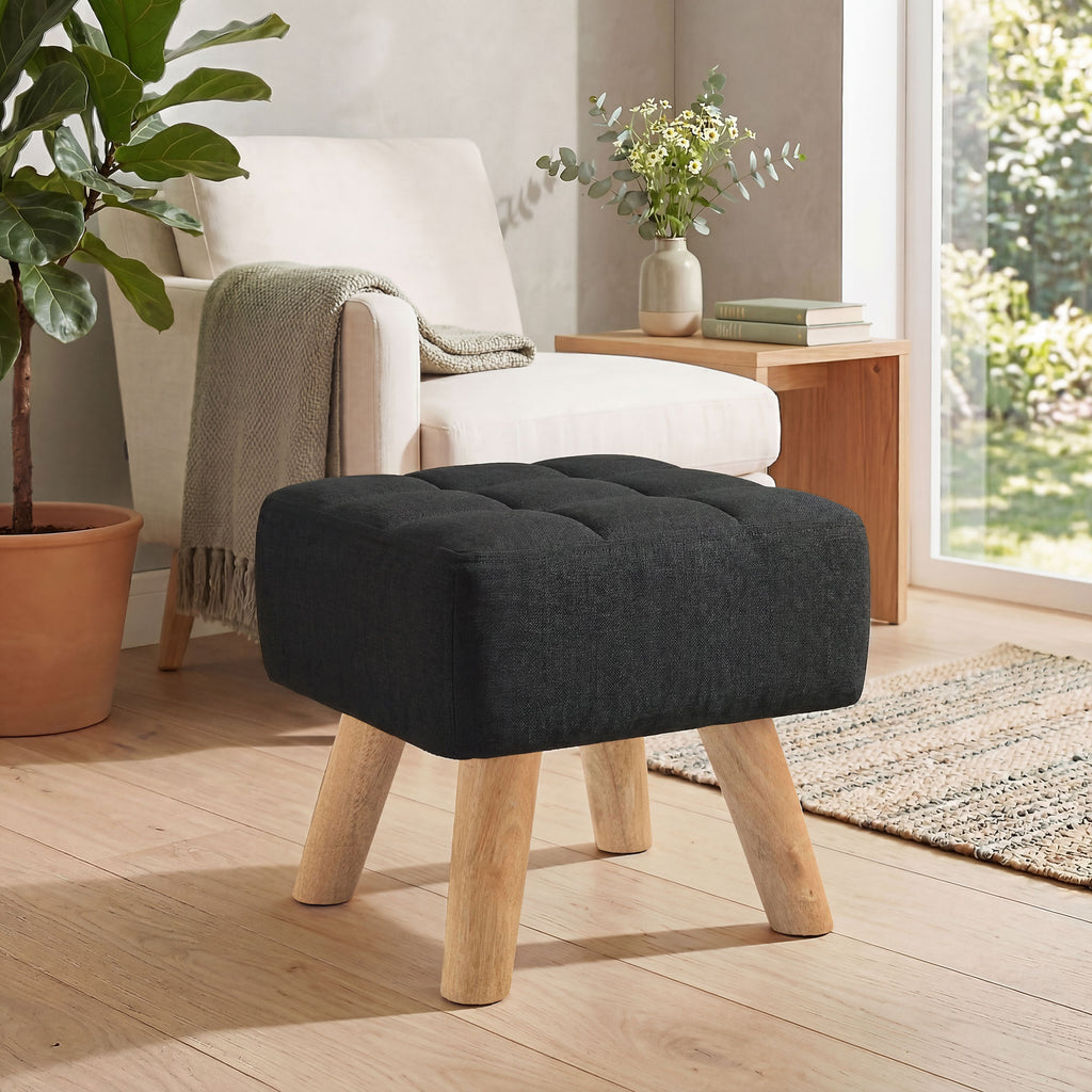 Linen-Look Square Padded Footstool - Black