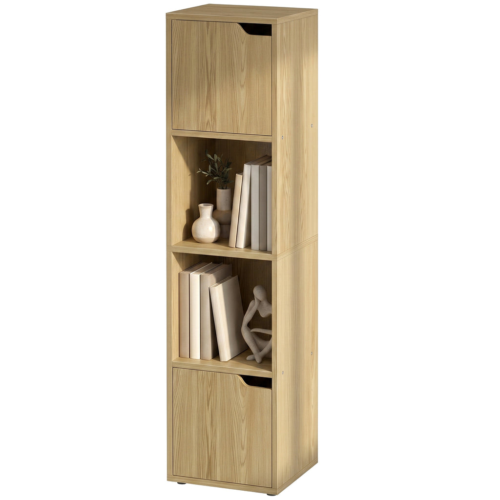 Narrow Bookcase, 4-Tier Bookshelf, Storage Cabinet with doors for Living Room, Bedroom, Oak